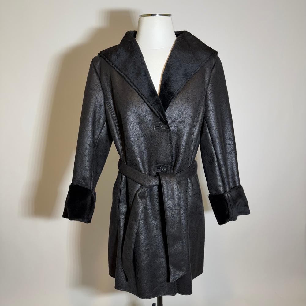 Calvin Klein Faux Suede/Shearling Fur Lined Trench Coat Belted Womens XS Black - Picture 1 of 12